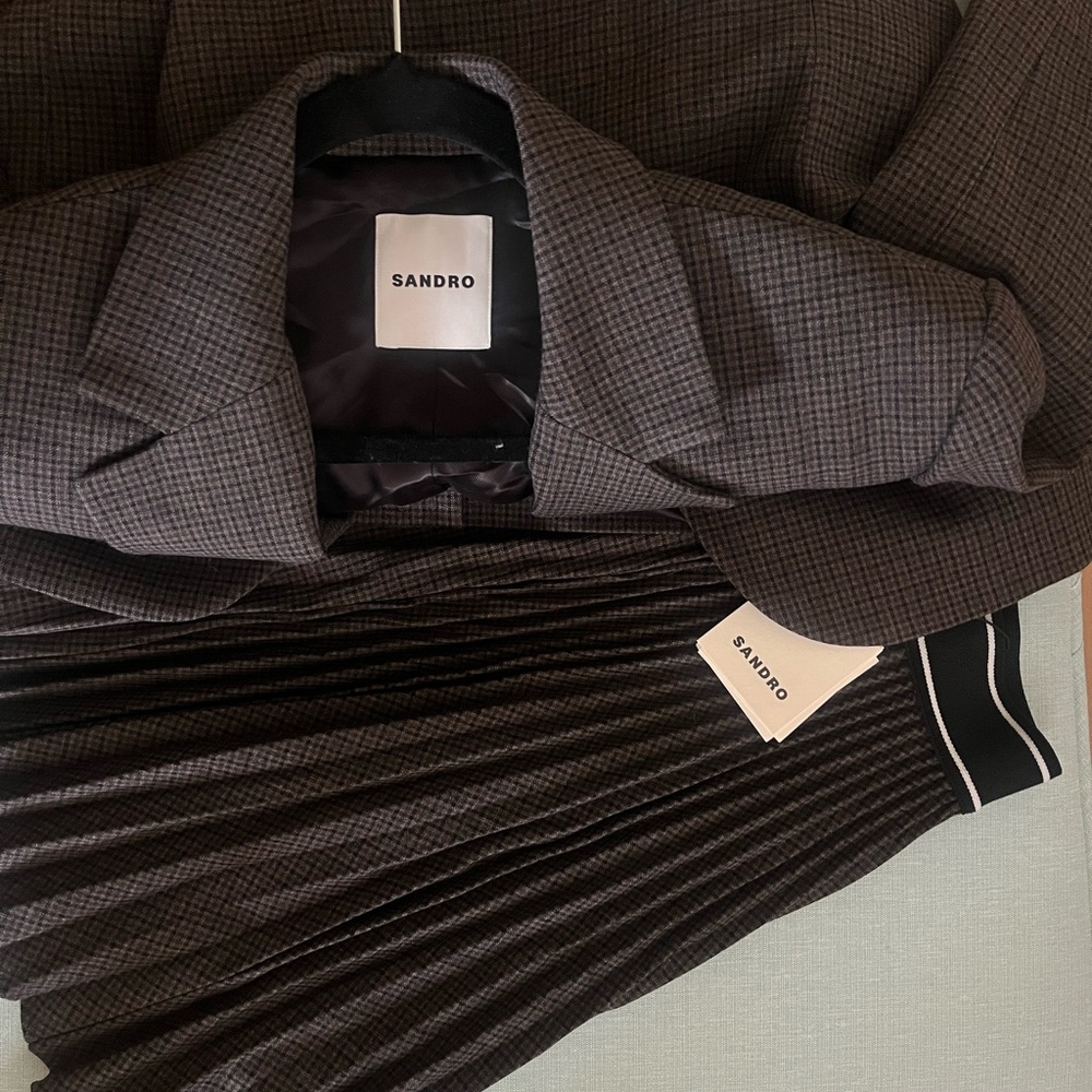 Sandro Black and Gray Checkered Blazer and Skirt Set